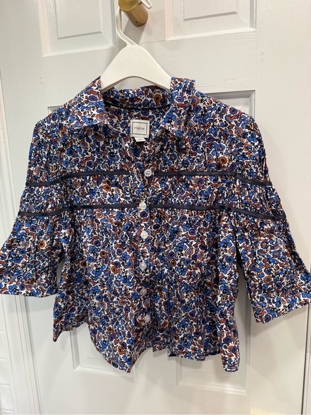 Maeve Floral Button-Front Blouse in Blue & Brown - Picture 2 of 4